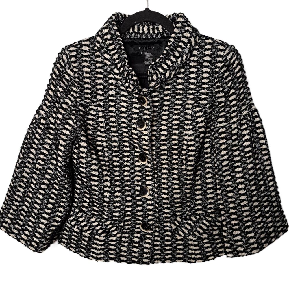 Etcetera Womens White Black Lined Career 3/4" Sleeves Work Blazer Jacket Size 8